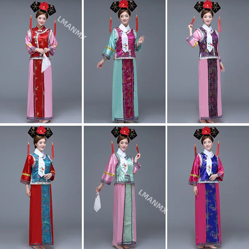 Chinese Qing Dynasty Hanfu Dress Cosplay Princess Pearl Costume Manchu Flag Clothing Exquisite Print Flower Folk Dance Dress