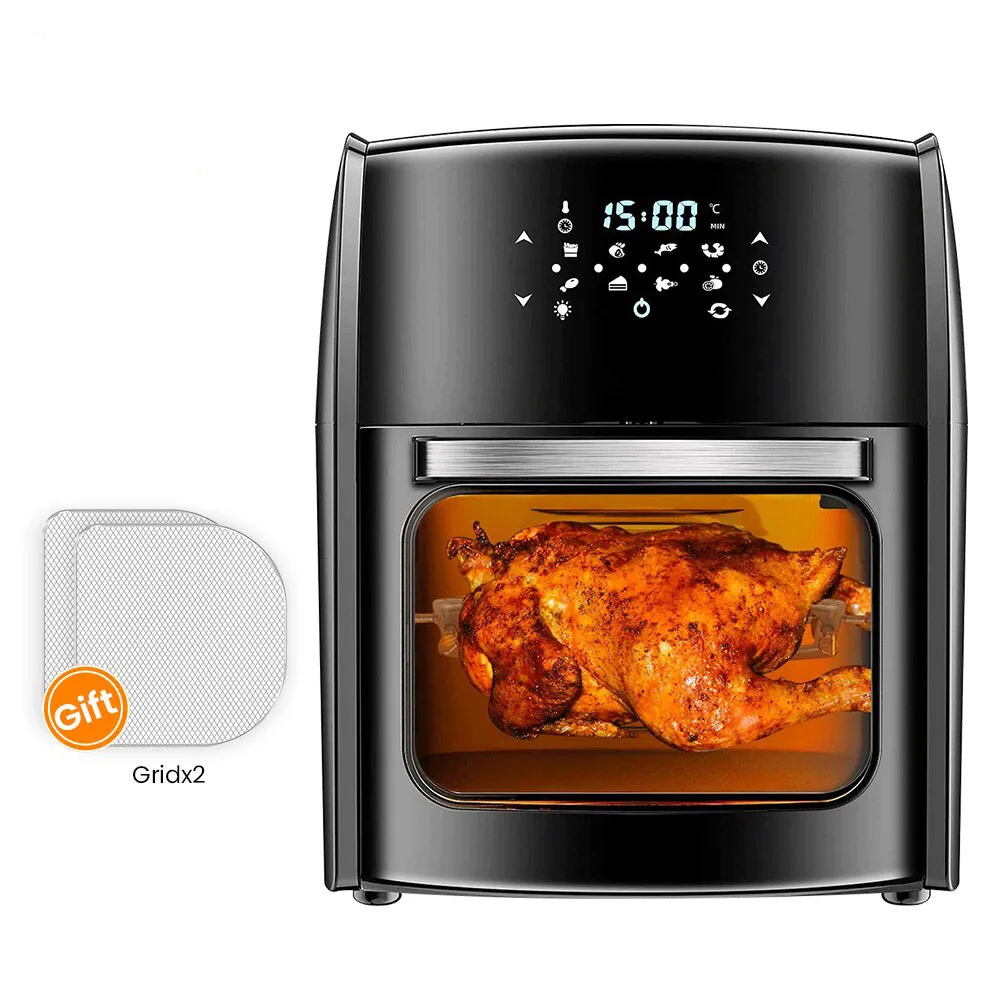 

12L Electric Air Fryer Oven Rotisserie Dehydrator 360°Baking LED Touchscreen Large Capacity 5in1Chicken Frying Machine