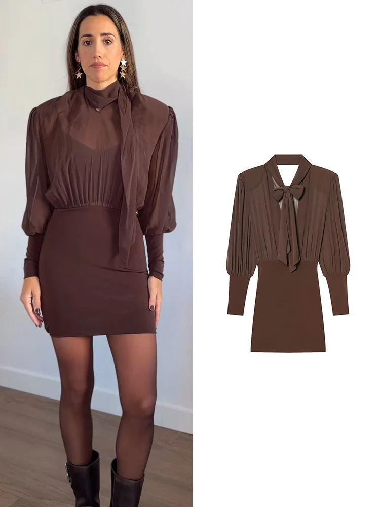 Women Chic Shoulder Pads Dress Fashion High Street Bow Lace Up Collar Full Sleeve Slim Pleated Mini Dresses Lady 2026 New