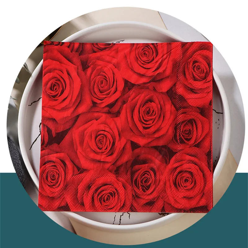 20Pcs/pack Red Rose Flower Printed Paper Disposable Tableware Sqaure Napkin Tissues Wedding Party Decoration