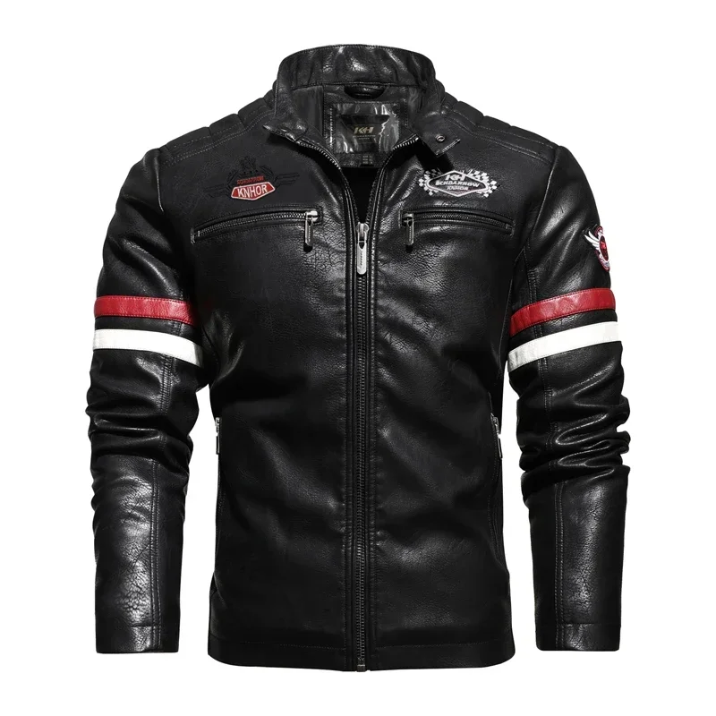 Embroidery Thin Motorcycle Jacket Racing Leather Jacket Men Color Block Patchwork Faux Leather Jacket Sprint Autumn Plus Size