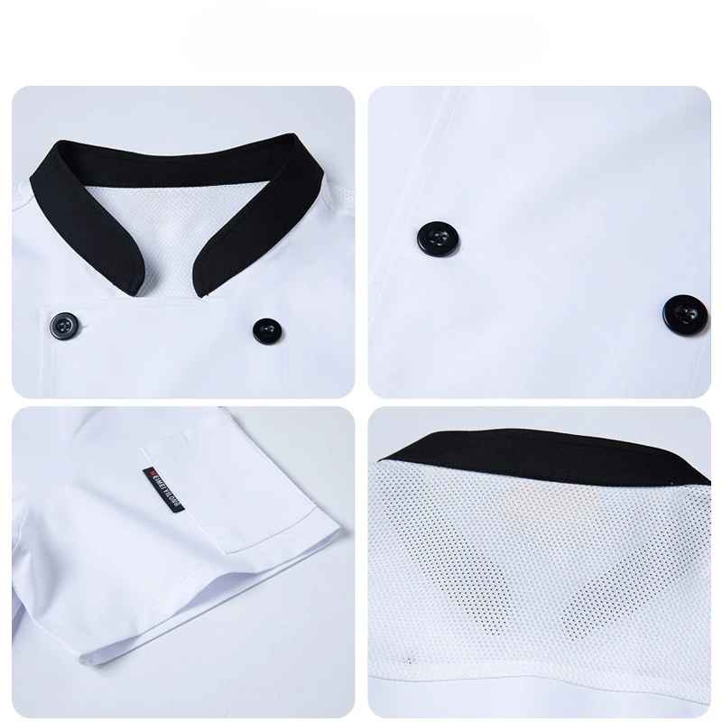 スタイリッシュなボタンシェフジャケット男性プロフェッショナル調理ユニフォーム半袖シェフコートレストラン用