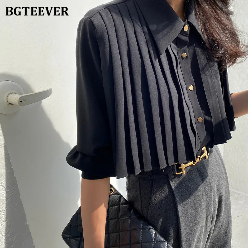 BGTEEVER Elegant Loose Female White Shirts Long Sleeve Lapel Women Pleated Blouses Spring Summer Ladies Tops