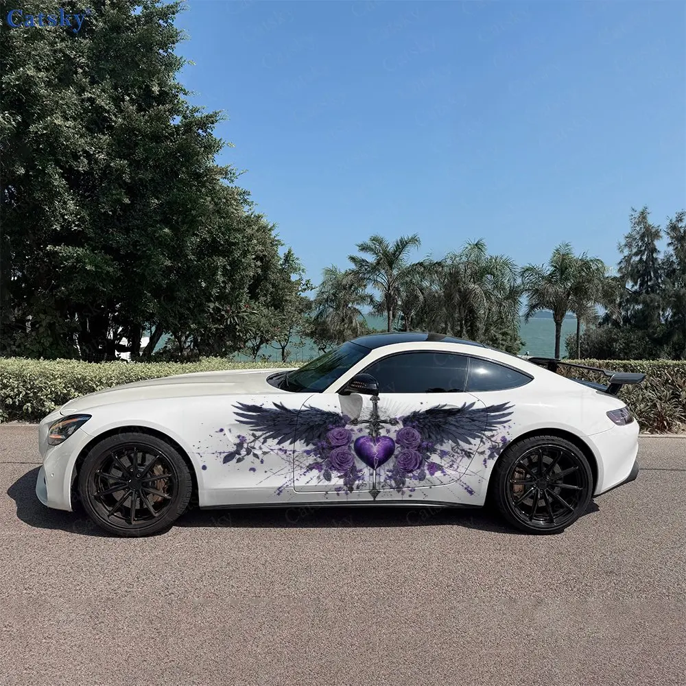 2pcs Wing Pierced Heart Cross Rose Car Side Wraps, Self-Adhesive PVC Waterproof & Scratch-Resistant Stickers, Car Accessory Gift