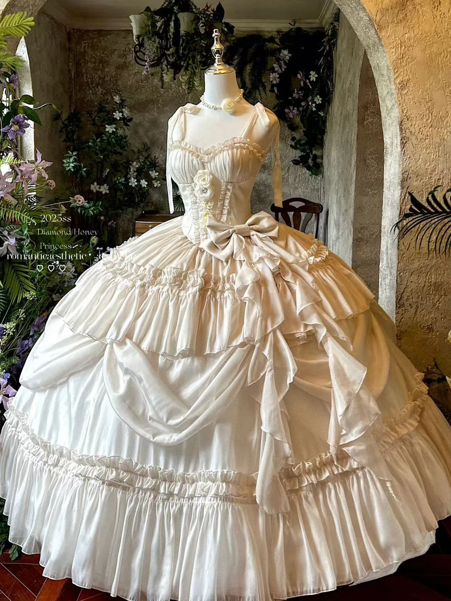 Cream White Sweet Lolita JSK 3D Floral Appliqué Corset Lace-Up Multi-Layer Ruffle Drape Voluminous Floor Length Princess Dress view 4