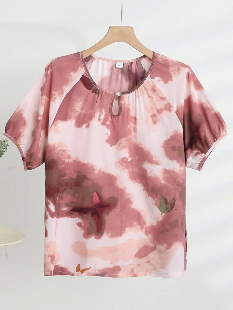 เสื้อยืดผ้าฝ้ายผสมไหมทรงหลวมสบายสำหรับผู้หญิงวัยกลางคนและผู้หญิงไซส์ใหญ่ เหมาะสำหรับฤดูร้อน