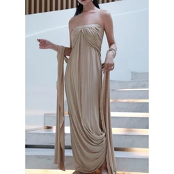 Spring New Retro Greek Goddess Dress Oil Painting Retro Strapless Vacation Fairy Gentle Style Niche Trend