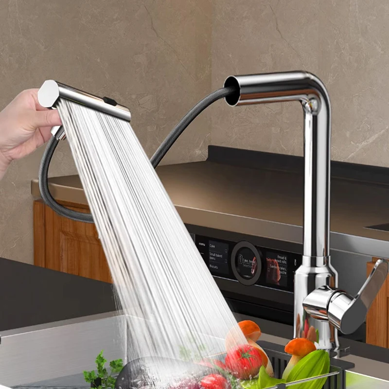 

Stainless Steel Kitchen Faucet pull-out Household Sink Splash-proof Hot and Cold Faucet Universal Rotatable Multifunctional