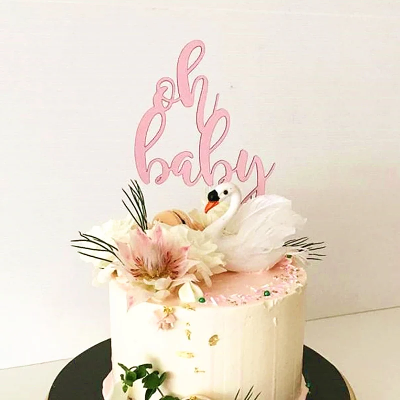 Oh baby "Happy Birthday cake Topper สีทองอะคริลิคสีชมพูงานแต่งงานปาร์ตี้คัพเค้กท็อปเปอร์สำหรับการตกแต่งขนมหวานปาร์ตี้อาบน้ำเด็ก