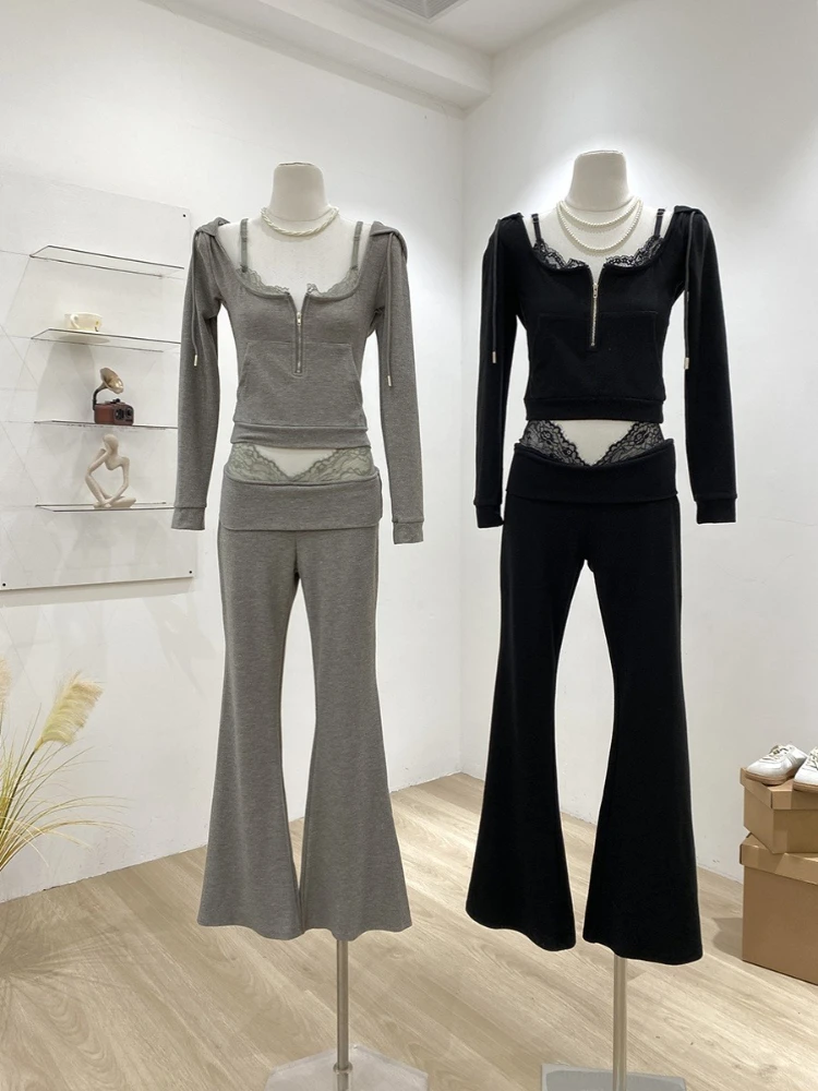 

Women 2025 New Spring Fashion Two Piece Sets Long Sleeve O Neck Short Slim Shirt Crop Top&Long Flare Pants Chic Grey 2pc Suits