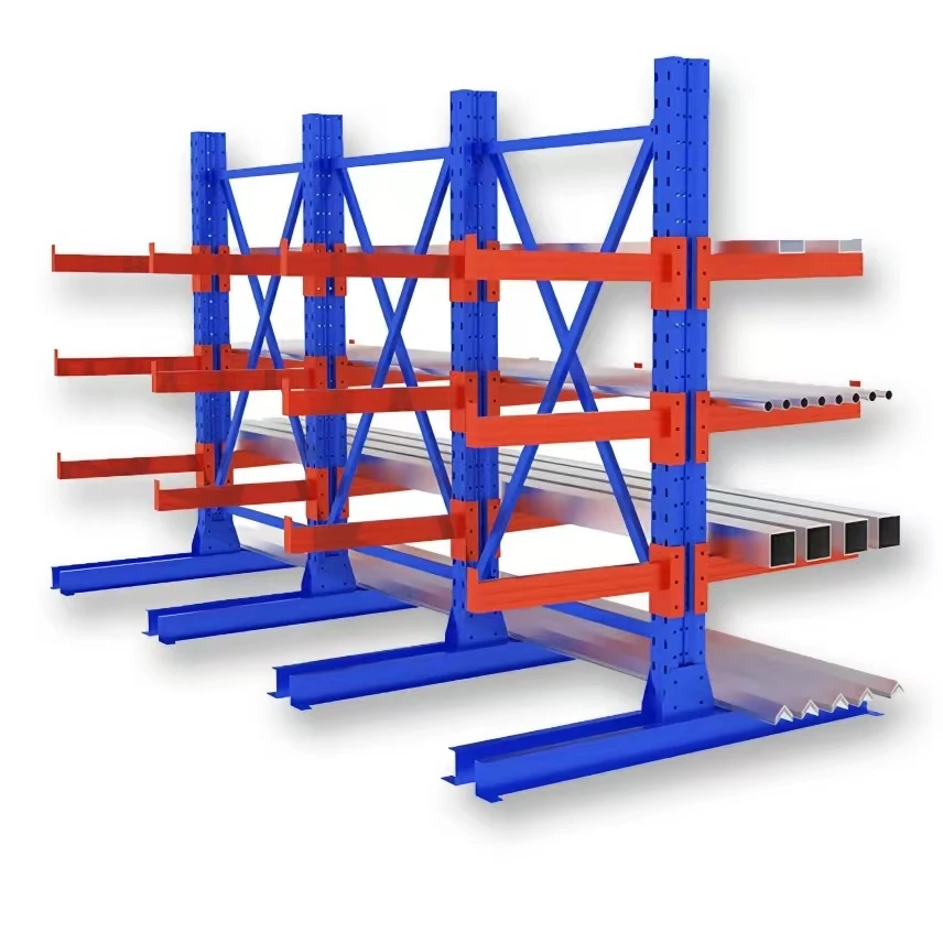 Customizable steel cantilever shelves with 4 layers, L-shaped design, 500-2000kg load capacity, multifunctional storage