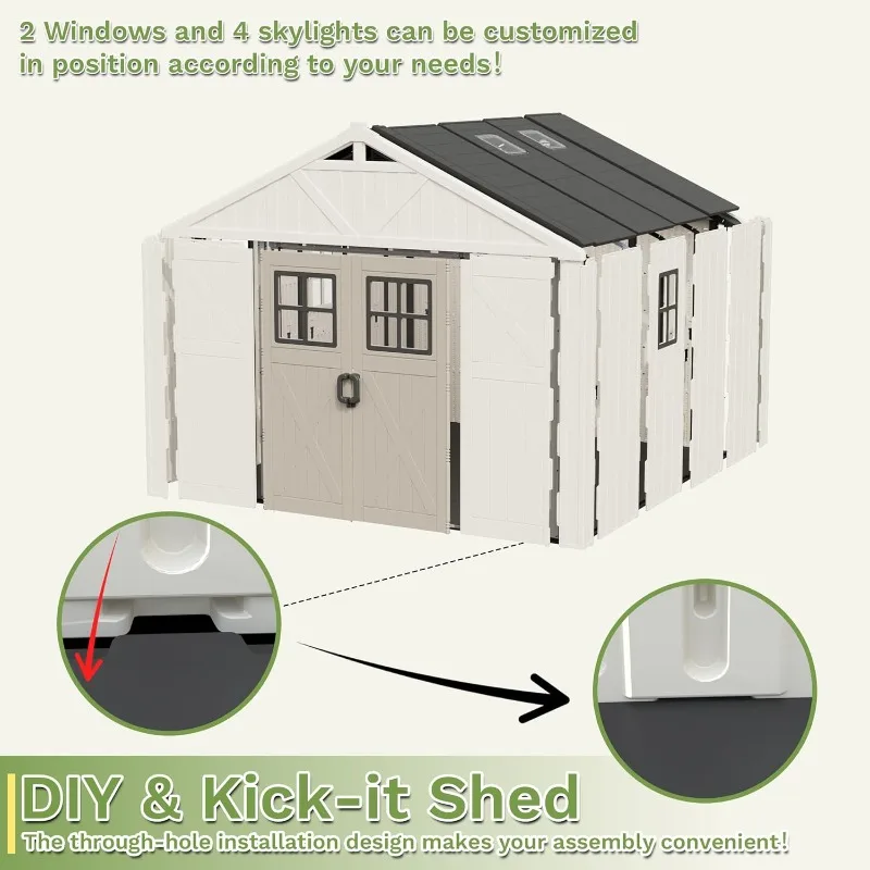 سقيفة تخزين بلاستيكية مقاس 10 × 10 أقدام، من الراتنج مع باب قابل للقفل وكوة