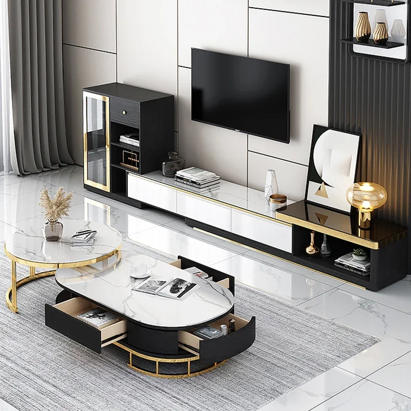 

# Living Room Furniture Set Luxury Black Glass TV Cabinet Stainless Steel Bracket Coffee Table TV Stand Combination