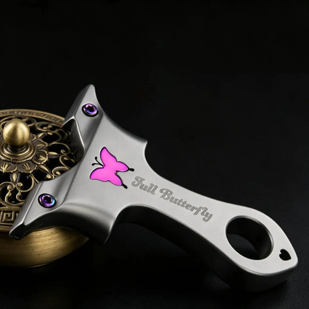 Stainless Steel Y-Shaped Slingshot with Flat Top Clamp, Purple Butterfly Graphic, Heart Cutout & Finger Ring for Outdoor Practic