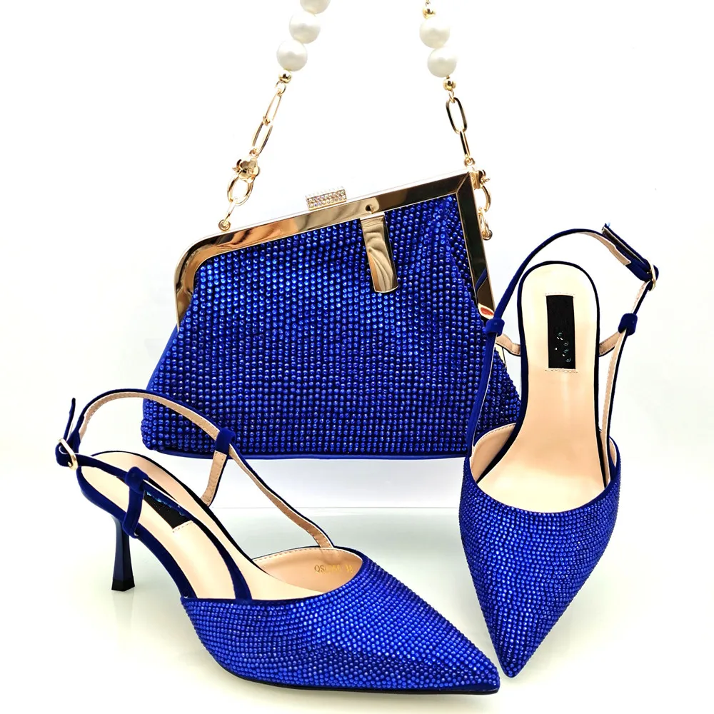 

Popular R.Blue Women 7.5CM Pointed Toe Shoes Match Handbag With Crystal Decoration African Dressing Pumps And Bag Set QSL066