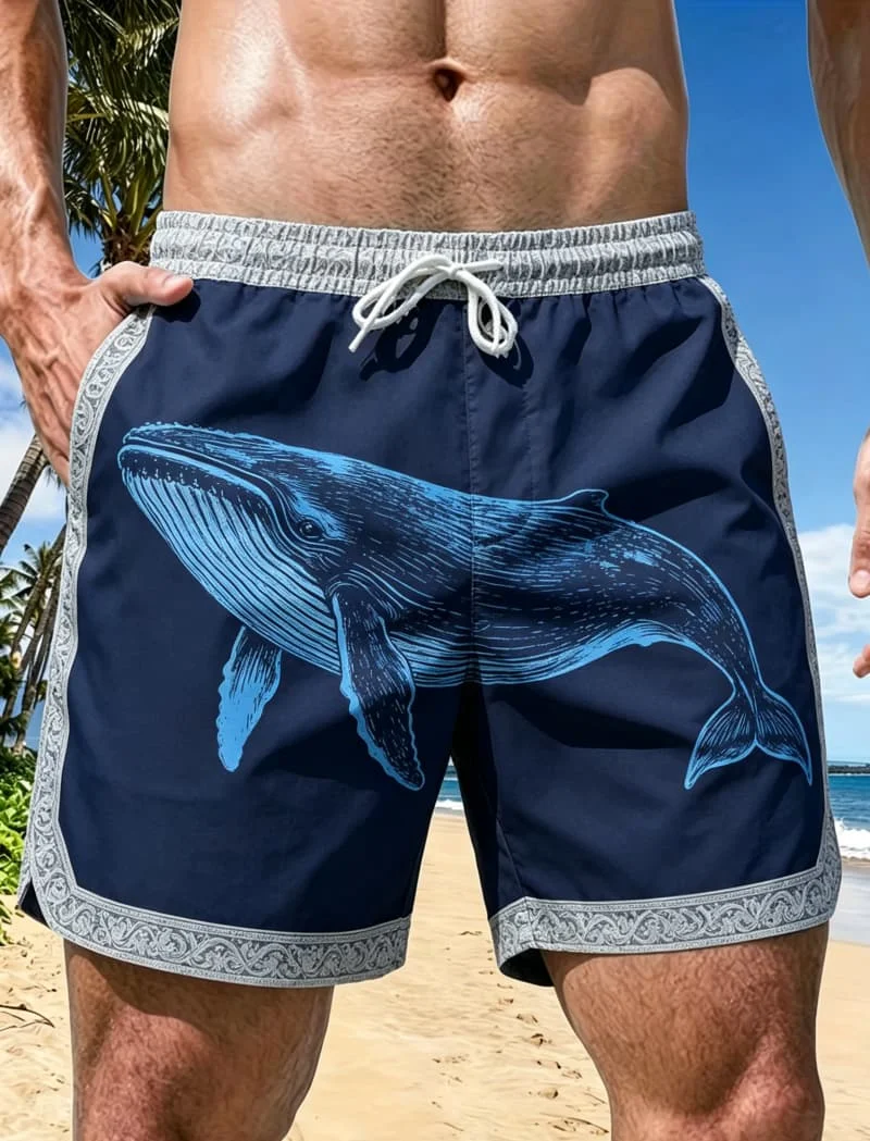 

Summer Vacation Men's Marine Life Theme Printed Drawstring Waist Shorts Fashionable 3D Printed Breathable Short
