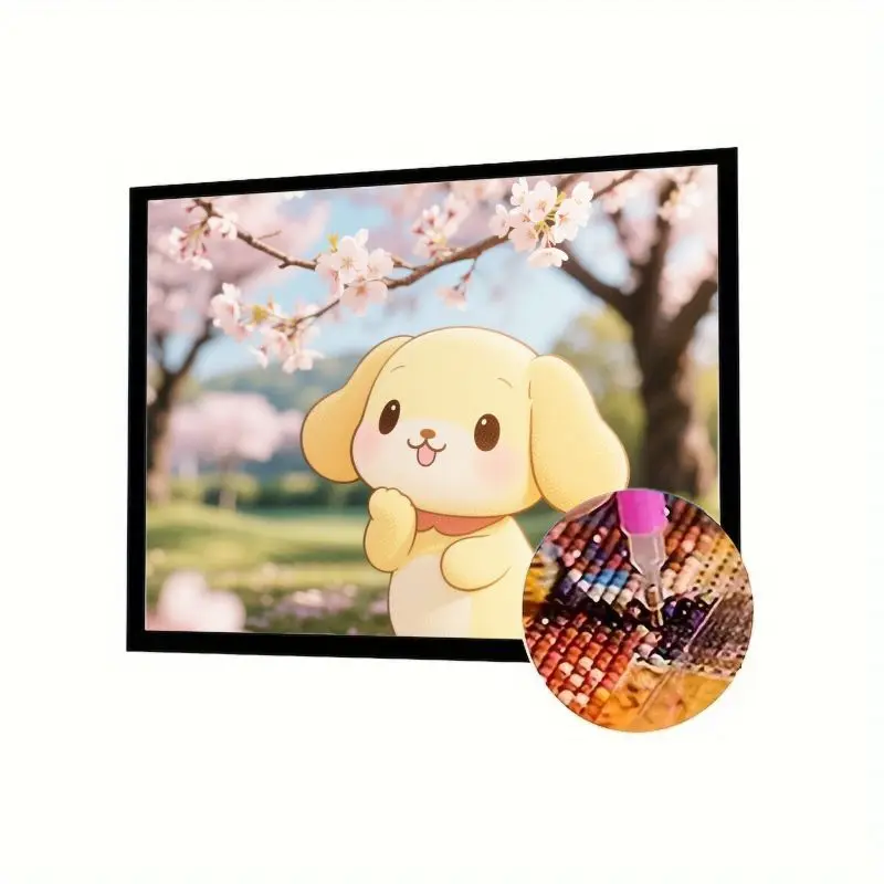 

1 шт. Набор для алмазной живописи с милым мультяшным щенком — полная дрель 5D Diamond Art с очаровательной собакой и розовой вишней, весенняя сцена, DI