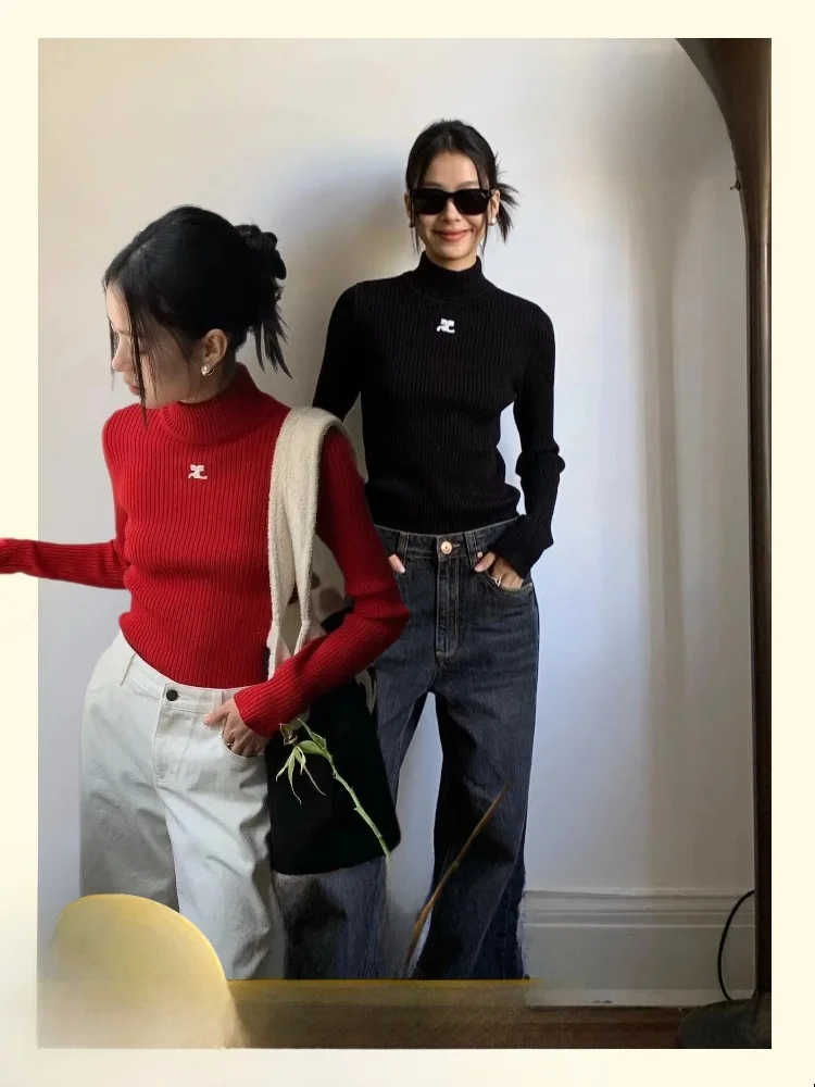 

Slim Fit Knitted Base Layer irt f High Collar Casual Sle Women's T-irt Brand Knitted Fabric Long Sve