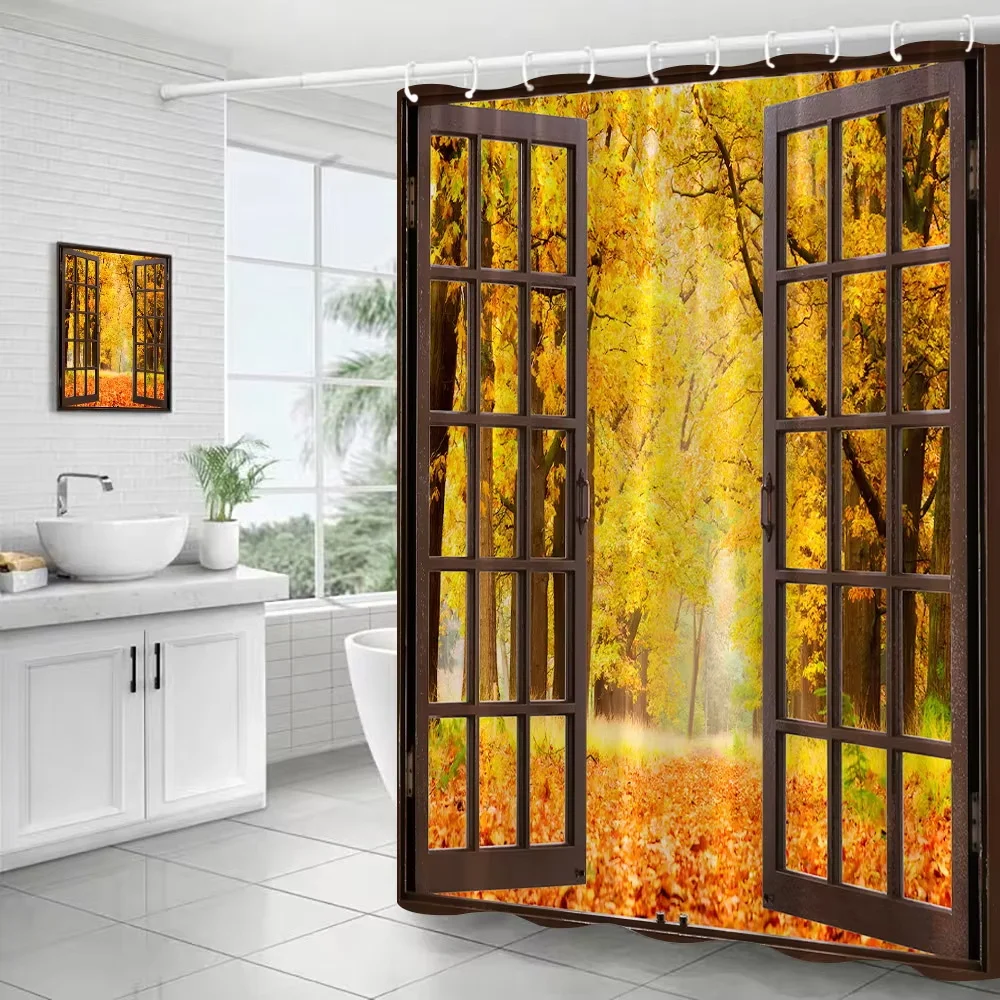 Autumn Forest Landscape Shower Curtains Brown Window Maple Trees Pathway Fall Nature Scenery Cloth Bathroom Decor Set with Hooks