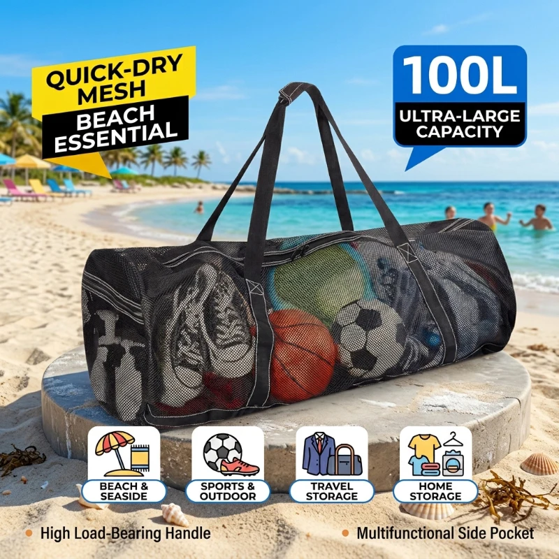 Beach Bag Large Capacity Mesh Swim Bag Duffle Bag with Adjustable Strap Lightweight Quick Dry for Travel GYM and Outdoor Sports