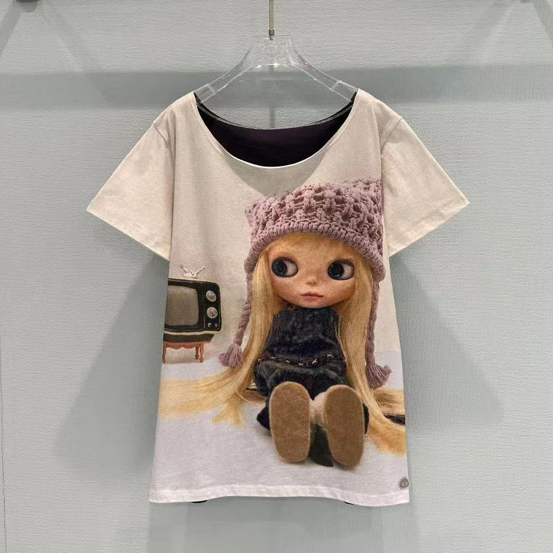 

Весна 2026: Женская футболка с коротким рукавом в повседневном стиле, с принтом куклы, с открытыми плечами, модный топ от бренда Princess Greenn