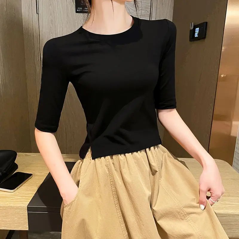 Fashion Women's High Waist Crop Top T-Shirt Three Quarter Sleeves Black Casual Designer for Spring Summer Lady O-Neck Tops