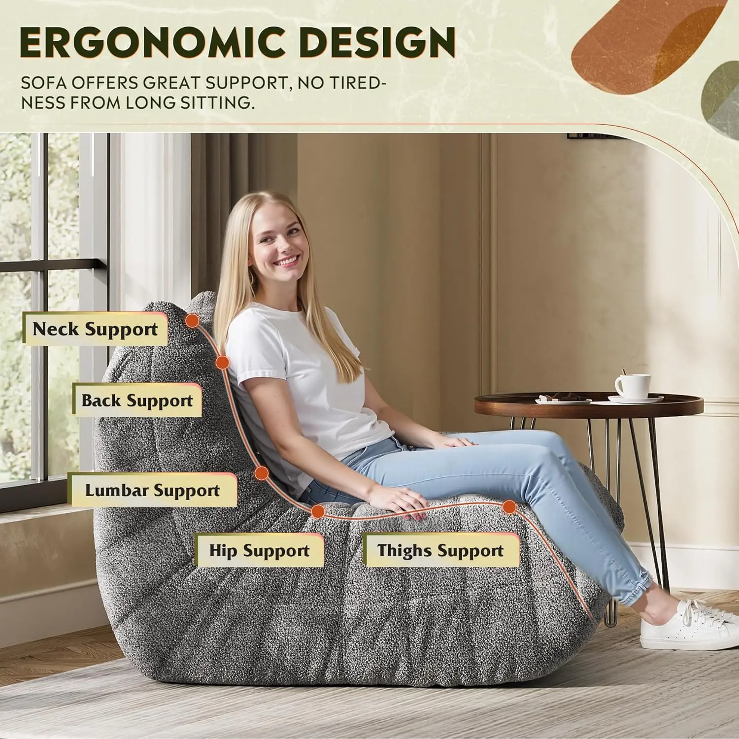 كرسي أريكة عملاق بين باج، كرسي للكبار من إسفنج الذاكرة لغرفة المعيشة وغرفة النوم، أسود