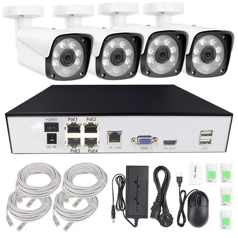 AI 4 Ch NVR Kit 4 pc POE IP 5 MP 8 MP o Record Outdoor Security IR Night Vision Color Video Surveillance CCTV System Set
