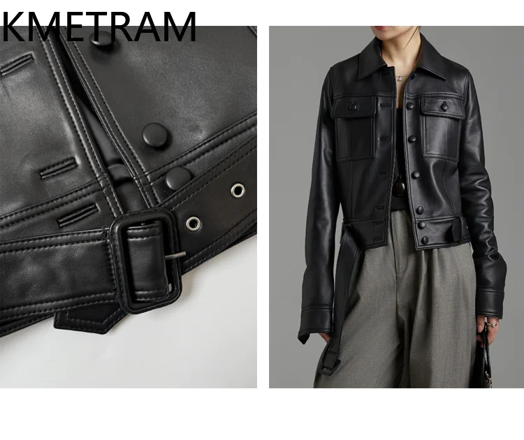 KMETRAM Cappotti di pelle di pecora naturale al 100% per donna con cintura regolabile Giacca corta nera in vera pelle 2025 Autunno ropa mujer