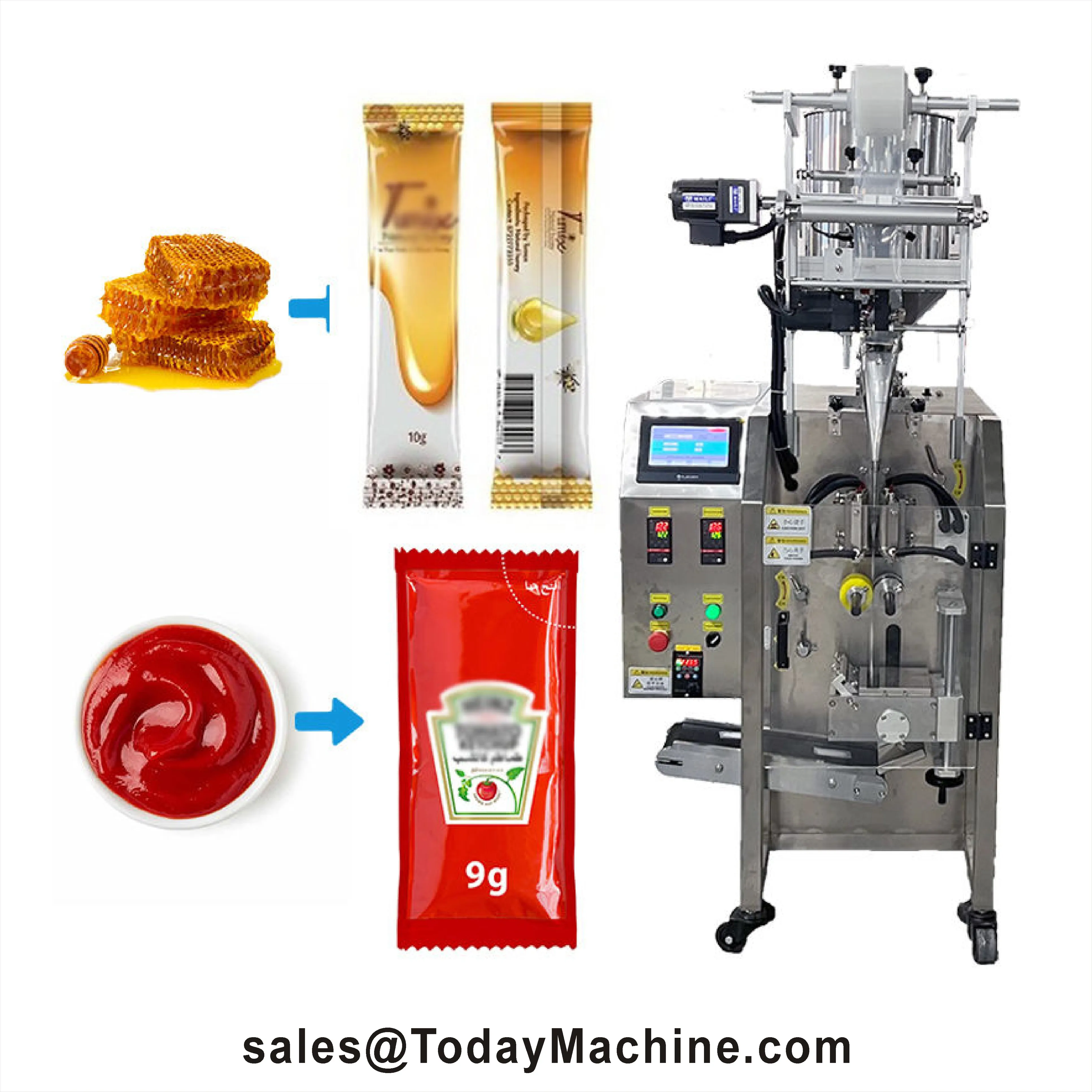 Macchina confezionatrice liquida per riempimento sacchetti, sigillatura, olio, acqua, salse al miele