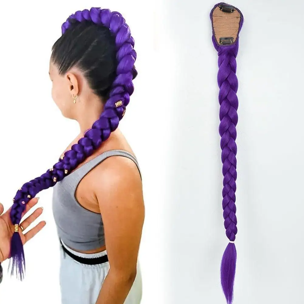 رومي تصفيفة الشعر الأرجواني مضفر ذيل حصان 26 بوصة مقاطع الشعر الاصطناعية أطفال بنات هالوين زي وصلات شعر #2