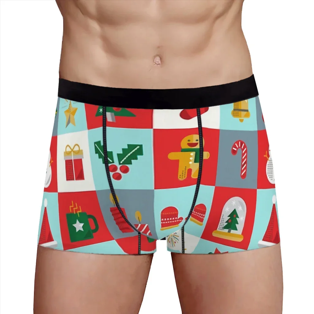 Christmas Icons Pattern Blocks Red Blue Colorful Merry Christmas Underpants Panties Men's Underwear Print Shorts Boxer Briefs