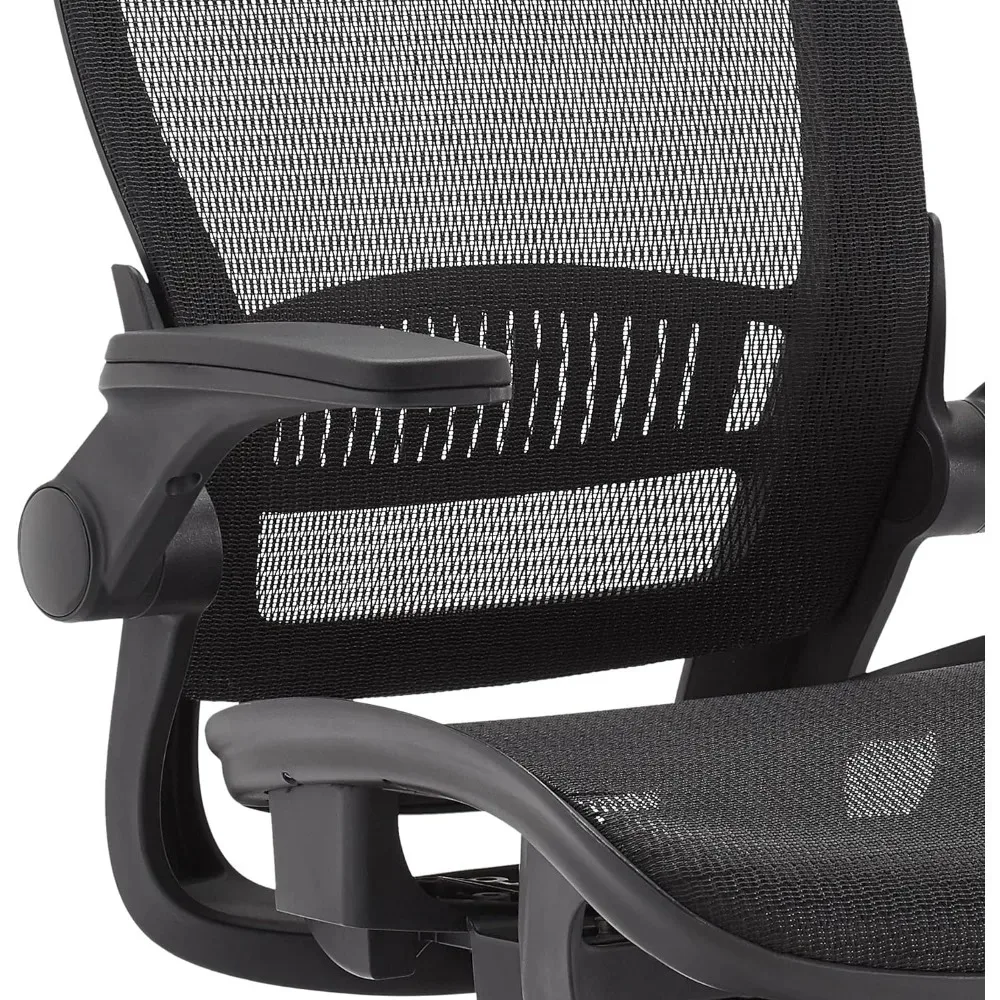 Office chair, adjustable height backrest chair with flipping armrests and headrests, featuring a mesh design seat - black