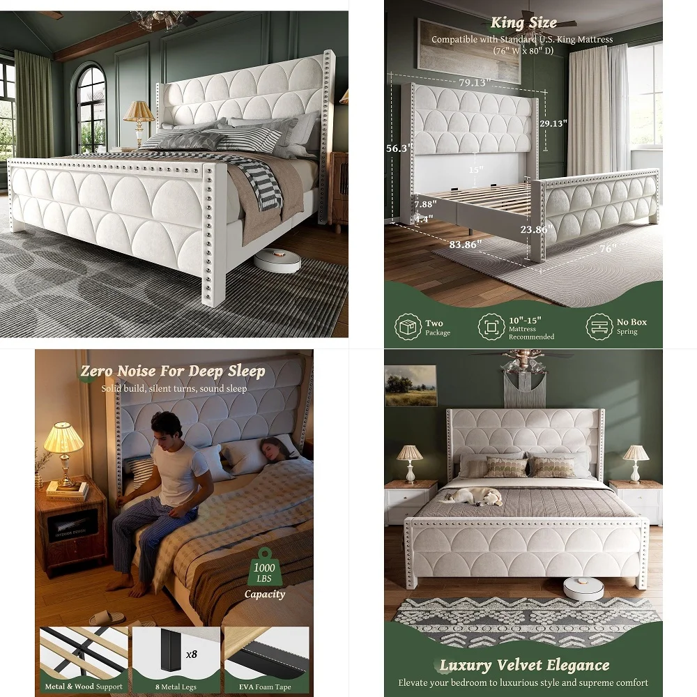 

King Size Bed Frame with 56 Headboard Velvet Upholstered Wingback Platform Bed Frame, Noise Free, Sturdy Wooden Slat Support Cr