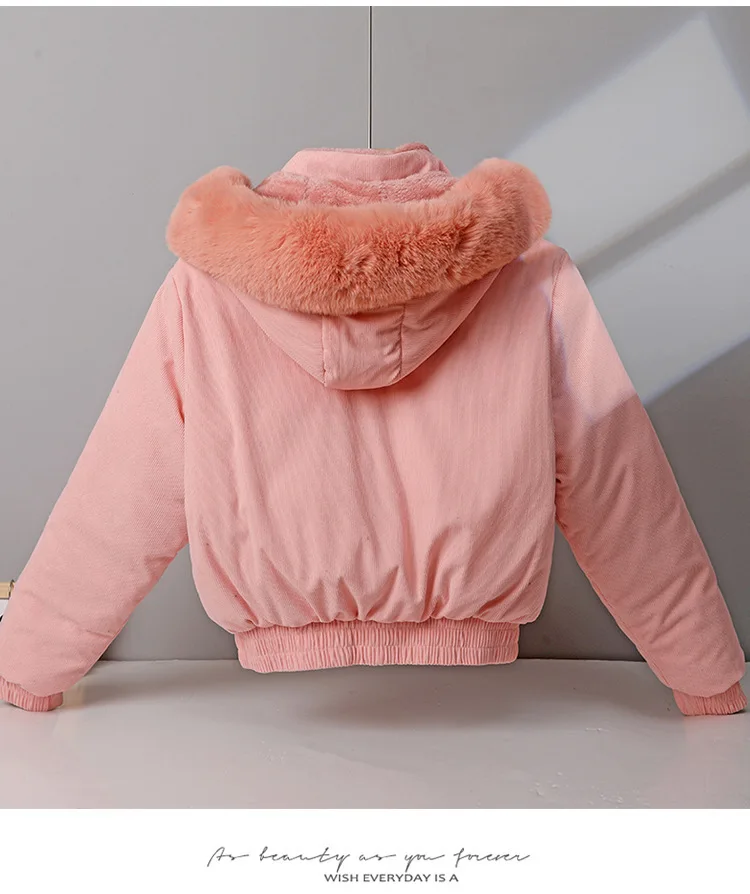 Hooded Parkas Coat Women Short Jacket Solid Zipper Big Fur Collar Pocket Slim Fit Thick Casual Office Lady 2025 Autumn Winter