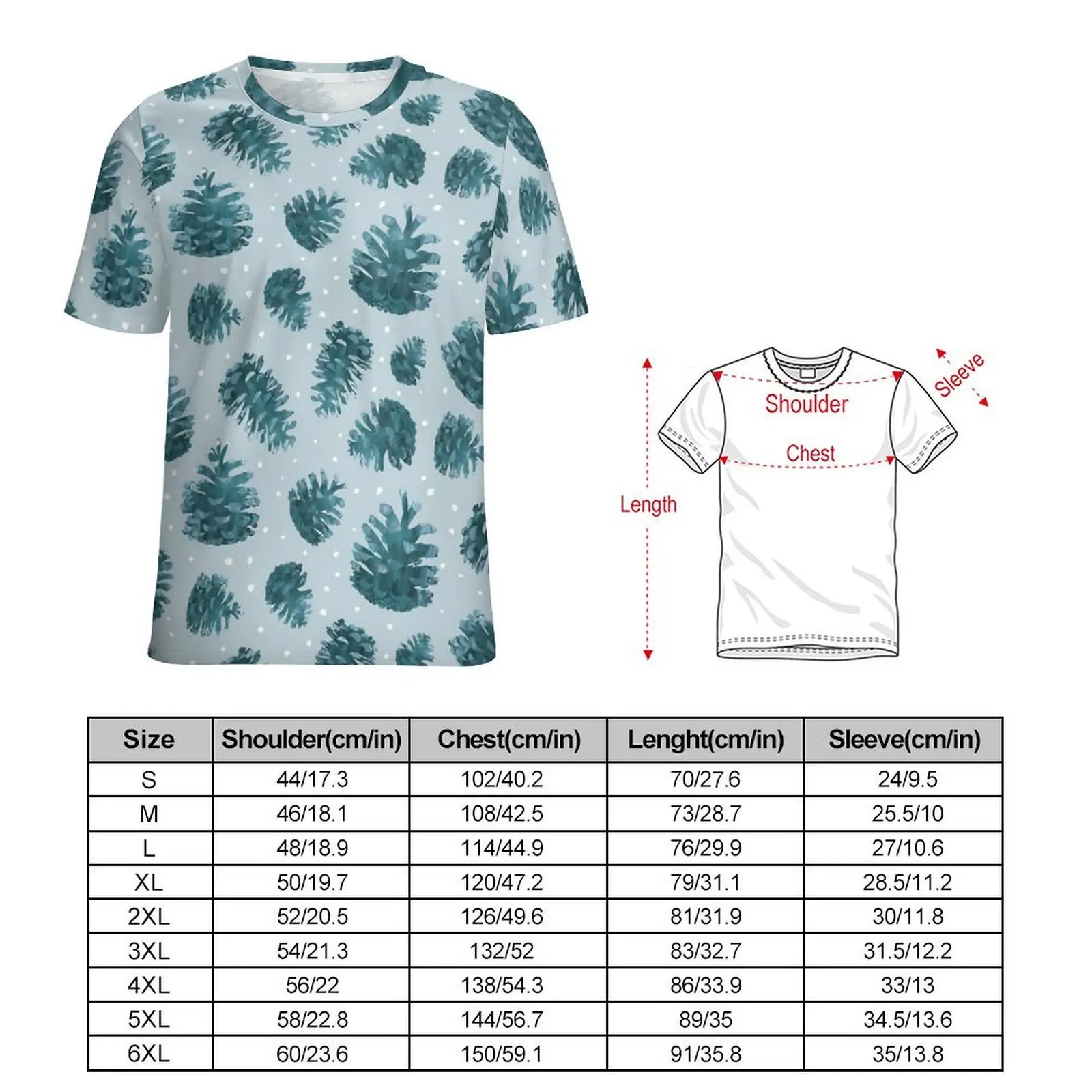 Oversized T Shirt Original Blue Pine Cones T Shirts Snow Print Casual Round Neck Tshirt Men Retro Custom Clothes