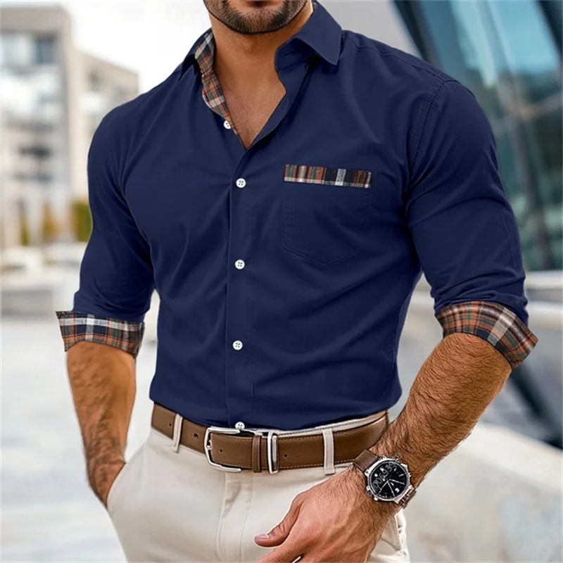 قميص منقوش للرجال، ملابس عمل خارجية، أسود، أزرق داكن، بني، بأكمام طويلة، طية صدر السترة، ملابس الربيع والخريف، تصميم مرقع. #2