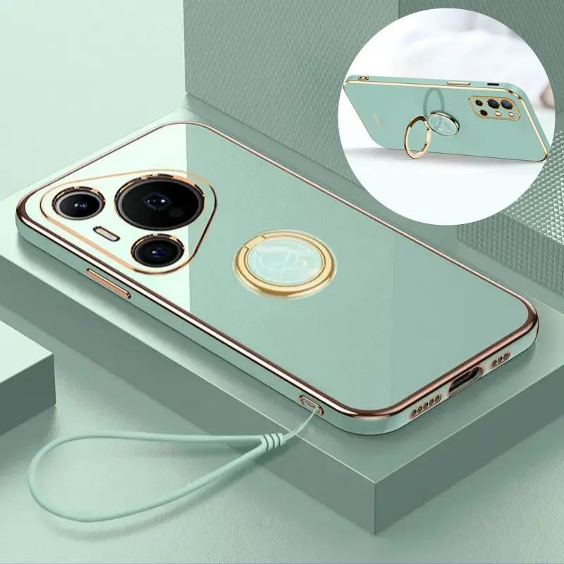 Para HUAWEI Pura 80 Ultra 80 Pro Plus Funda con cordón chapado en silicona suave funda con soporte de anillo para Huawei Pura 70 Pro + 70 Ultra Funda