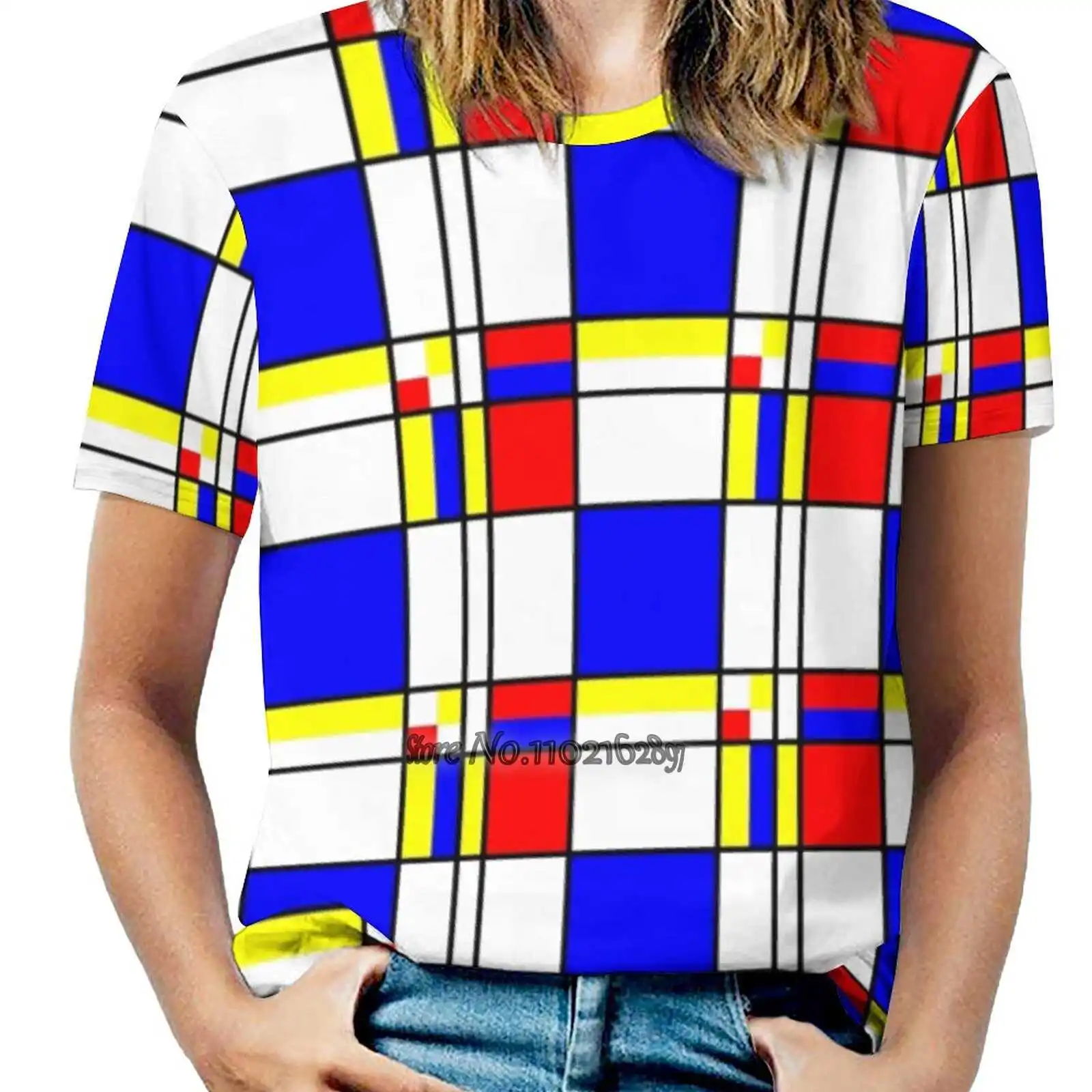 Piet Mondrian แรงบันดาลใจ1ผู้หญิงเสื้อยืดกลับ Lacing ลำลองขาสั้นแขนเสื้อฤดูร้อน Tees Piet Mondrian เรขาคณิตสีเหลืองสีแดง