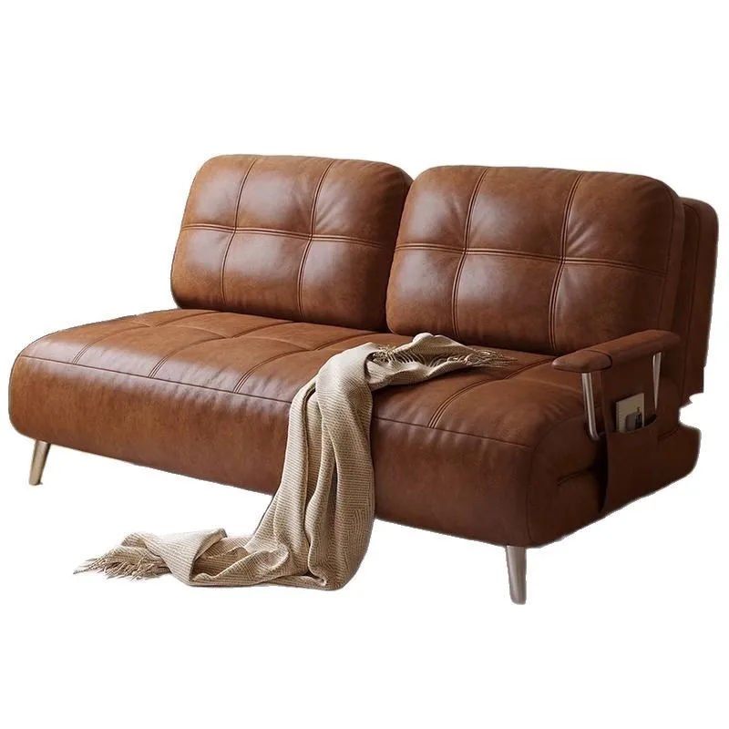 

Single folding dual-purpose medieval small apartment retractable oil wax leather sofa study double oil wax