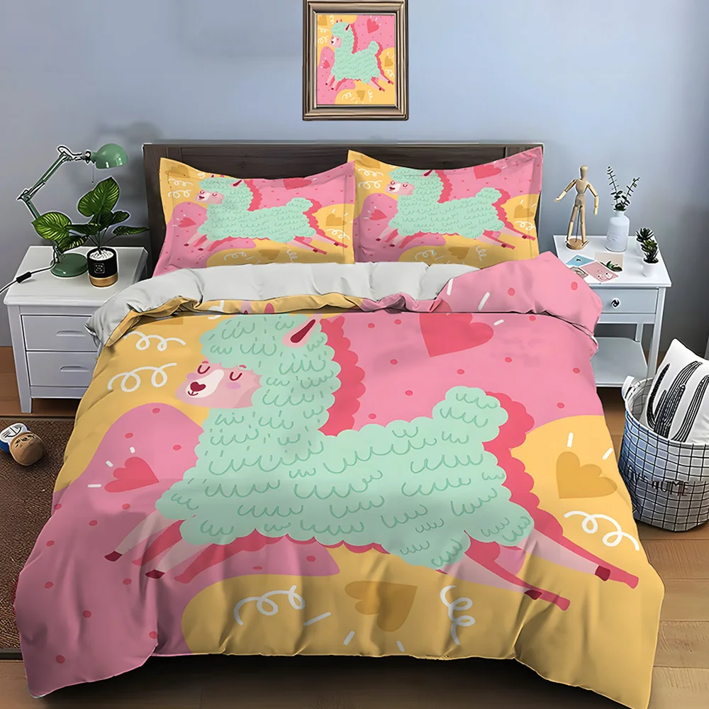 Cute alpaca warm-colored background Bedding Set for Kids Luxury Gift 3pc Digital Print Comforter Set Soft Comfortable Breathable