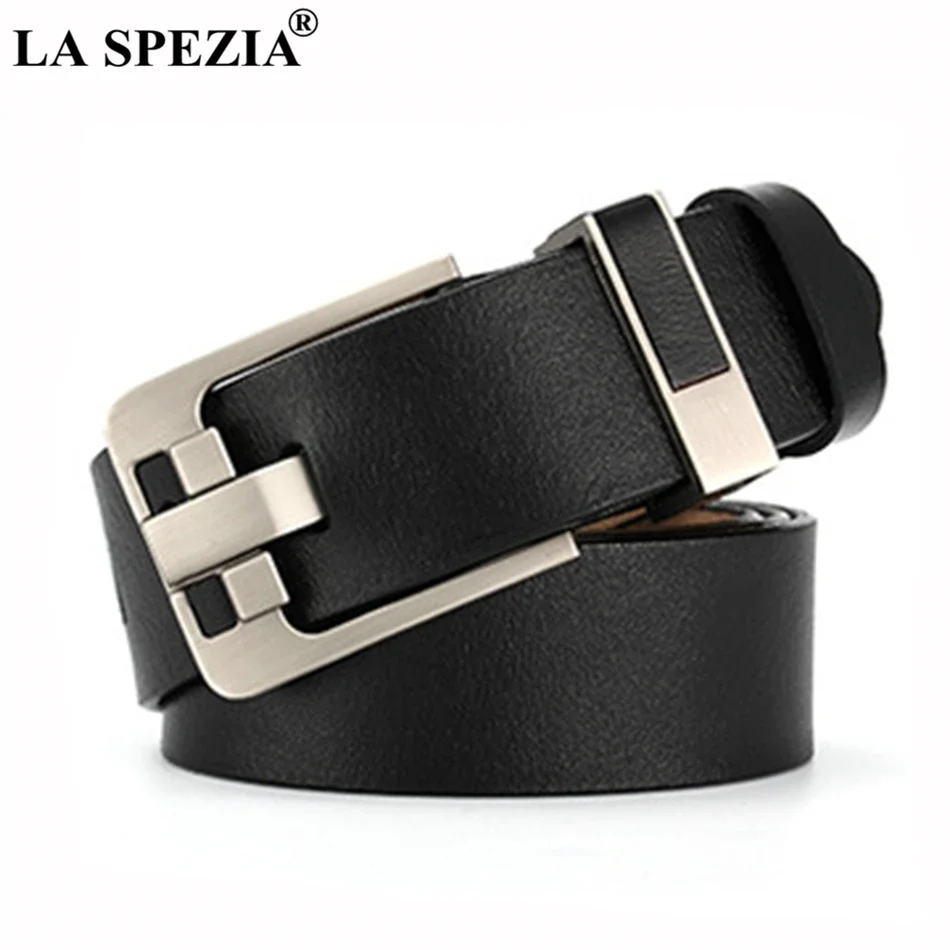 LA SPEZIA Black Pin Belt Buckle Men Genuine Leather Square Buckle Belt Male Vintage Designer Real Cowhide Leather Jeans Belts