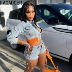 FAGADOER Fashion Y2K Denim Shorts Two Piece Sets Women Turndown Collar Long Sleeve Button Crop Top+Bandage Hollow Shorts Outfits