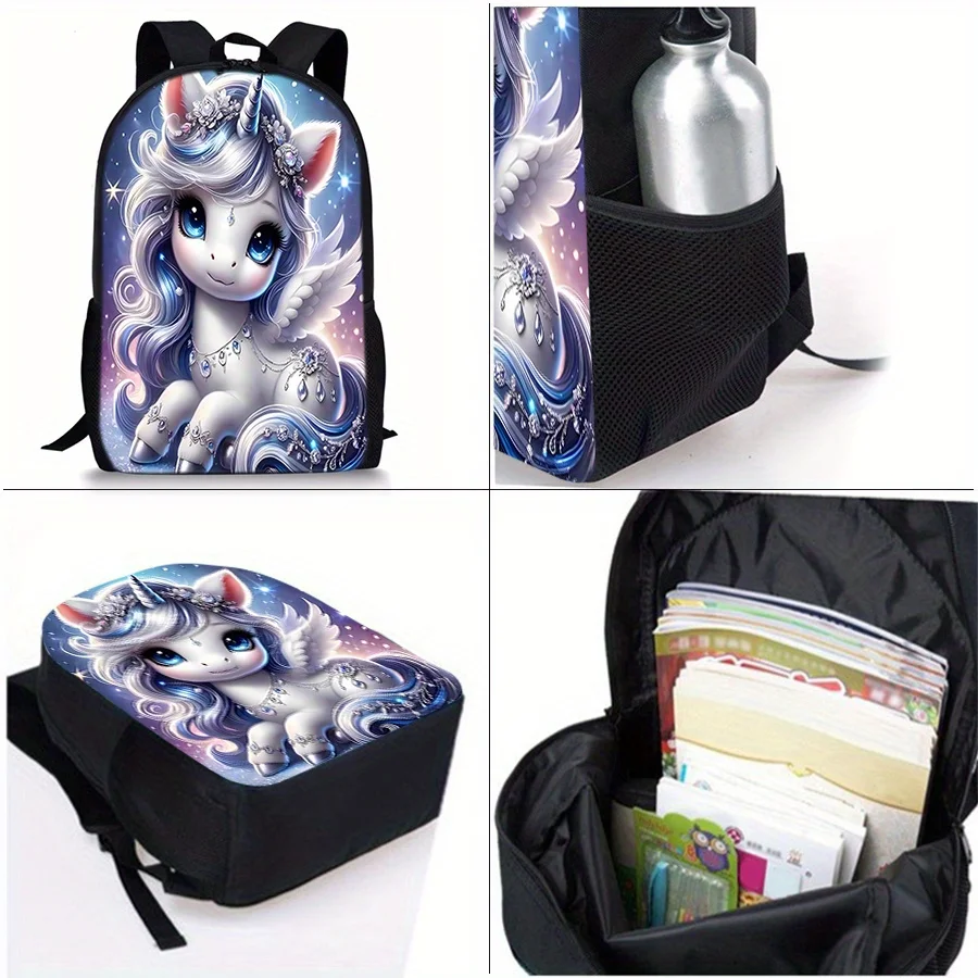 

This cute cartoon unicorn printed 3-piece backpack set is lightweight, with adjustable shoulder straps and a zipper closure