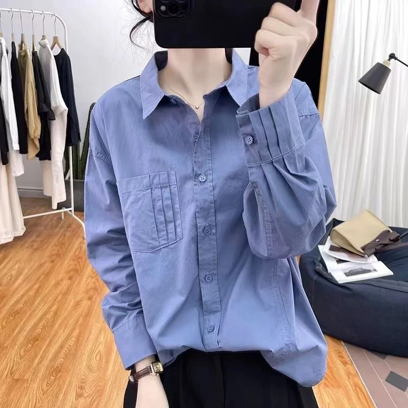 

Spring Autumn Fashion Ladies Shirts Korean Long Sleeved Women Shirt 2024 Retro Style Solid Color Cardigan Blouse Female Top Coat