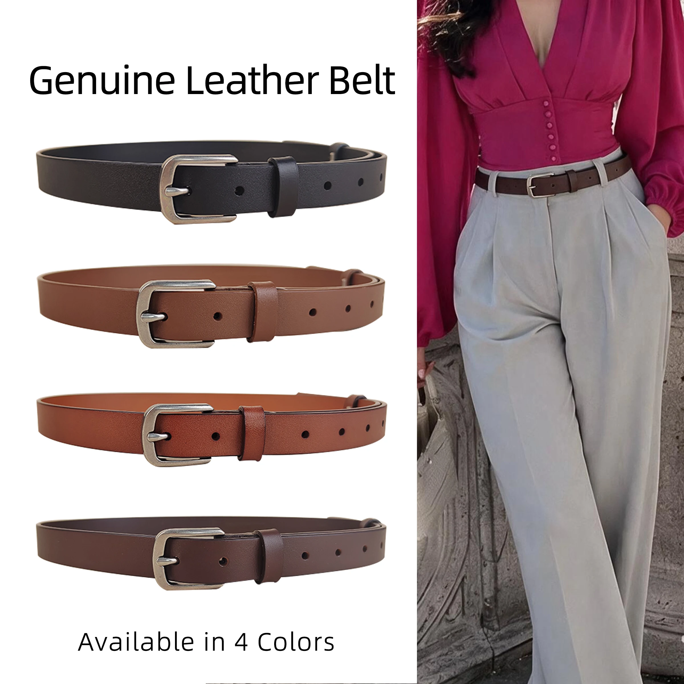Women Genuine Top Layer Cowhide Belt Vintage Pin Buckle  Solid Smooth Leather Belt Adjustable Length for Jeans Daily All Seas