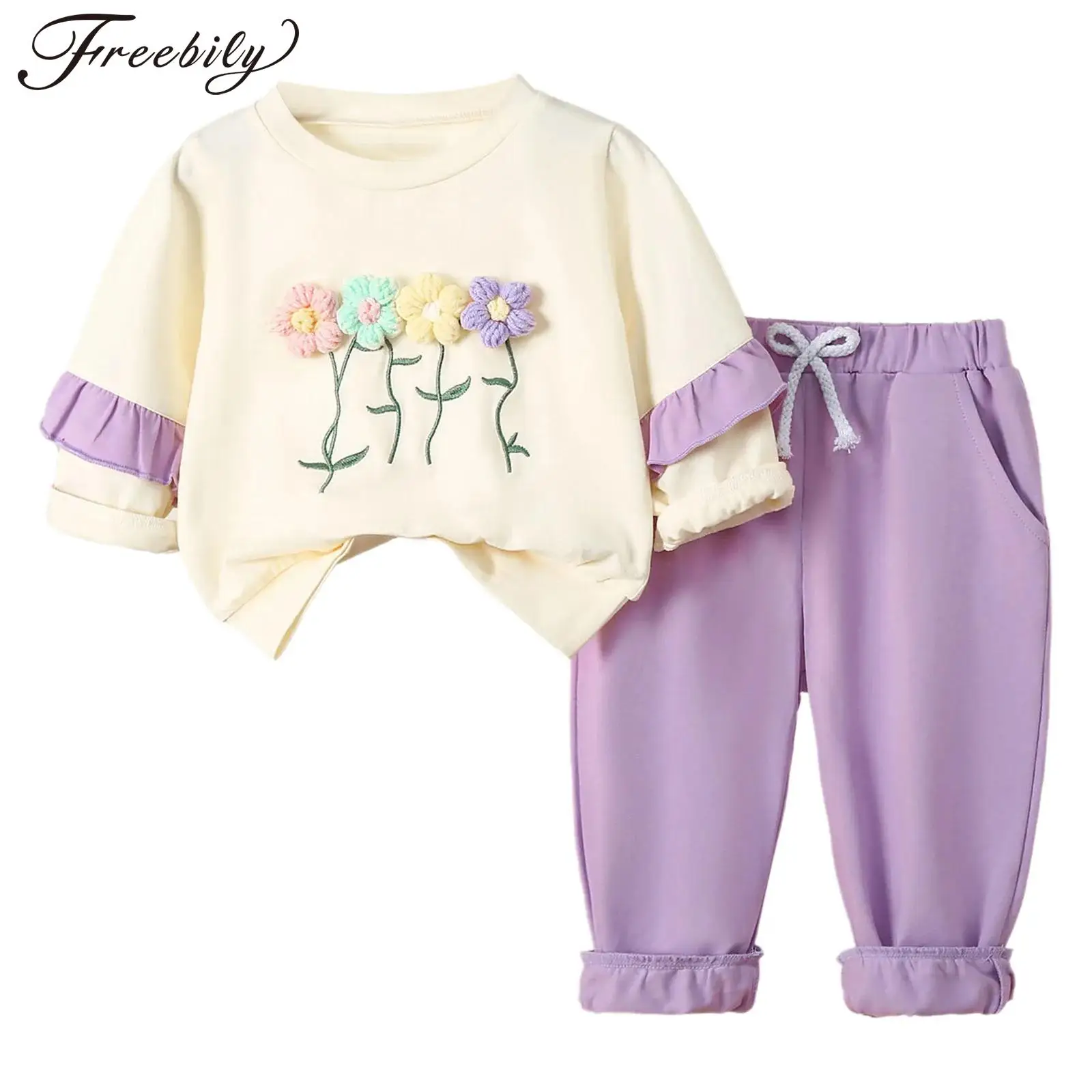 

Весенне-осенняя одежда для маленьких девочек, толстовка с длинными рукавами и 3D цветами, топы с эластичным поясом и карманами, брюки, повседневная одежда для малышей