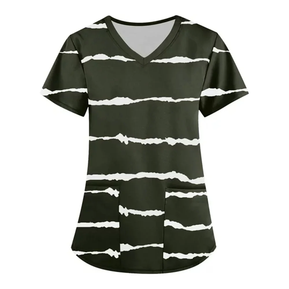 Women's Short Sleeve Striped Print Loose Workwear, Medical Uniforms, Tunic Blouses with Pockets, Nursing Uniforms Accessories