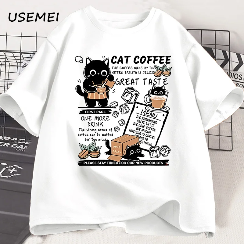 Lustige Katze machen Kaffee Print T-Shirt für Männer Frauen T-Shirt Sommer lose Baumwolle Kurzarm trendige Y2k Tops Herren Designer Kleidung – Detail 5