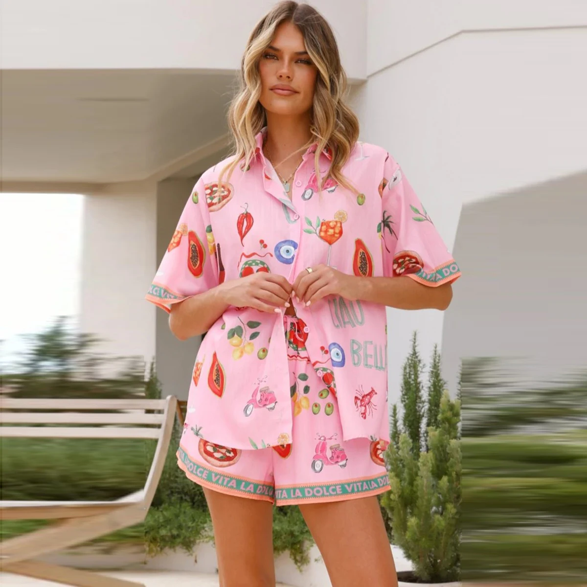 

Women Pink Floral Print Single Breasted Belt Linen Sexy Casual Pink Shorts Suits
